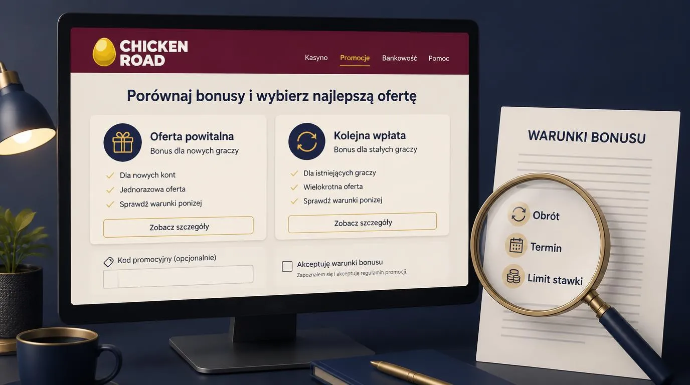 Panel promocji kasyna z ofertą powitalną, bonusem na kolejną wpłatę i wyróżnionymi zasadami obrotu